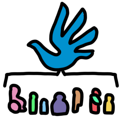the human rights emblem (a blue handprint shaped like a dove) with a bracket coming down from it and encompassing a broad range of different human figures. the figures are all different shapes and sizes and different unrealistic skintones (like pink and green).